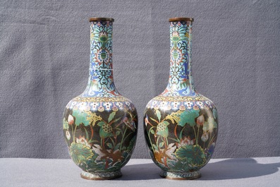 A pair of Chinese cloisonn&eacute; bottle vases, 19th C.